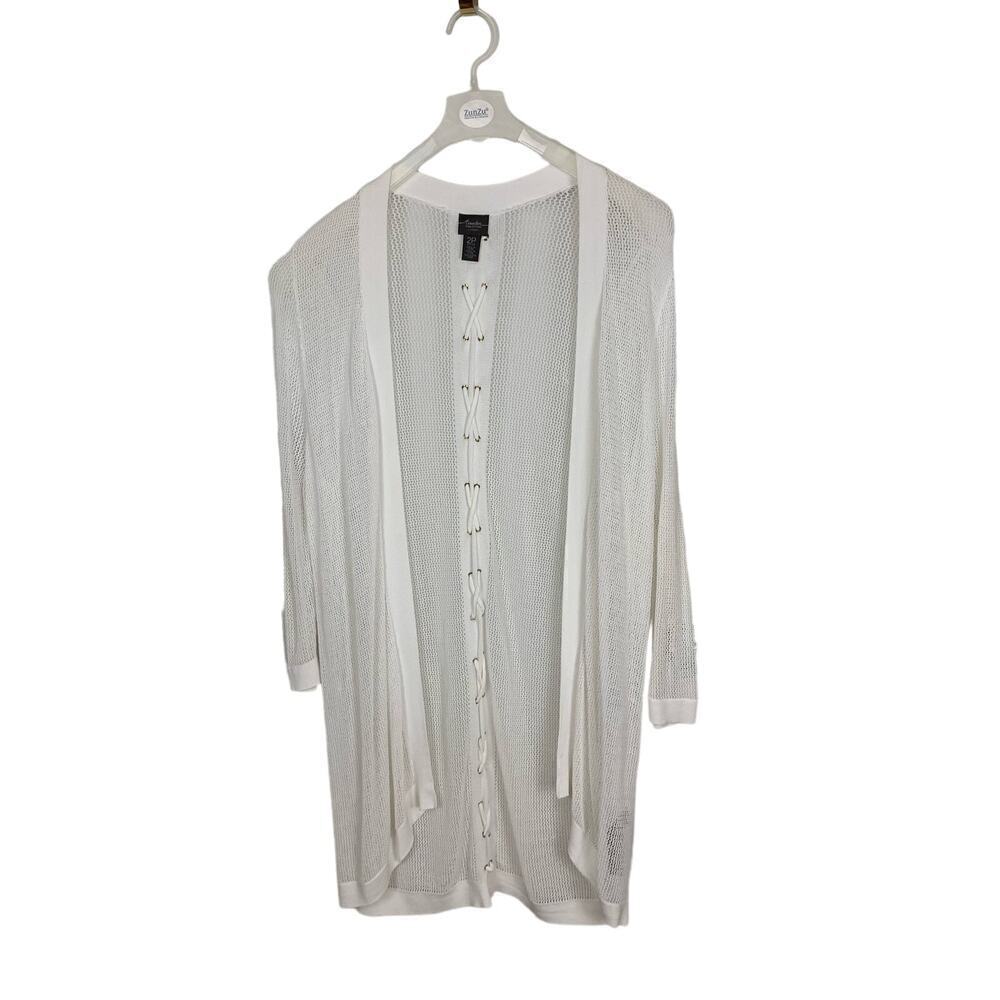 Chicos Travelers Sheer White Mesh Lace-Up Back Cardigan Size 12P Coastal Resort